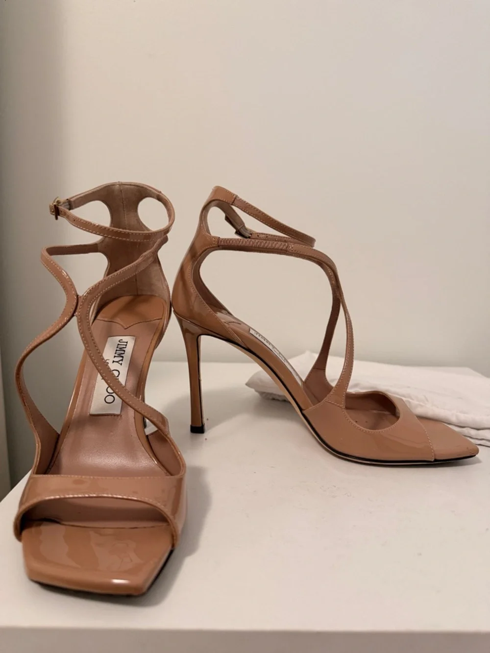 Jimmy Choo 95 Azia Nude Patent Strappy Stiletto Sandals - Picture 2 of 6
